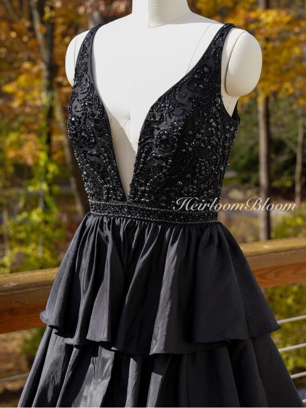 Sherri Hill Black Tiered Beaded V-Neck Evening Gown Prom Dress - Picture 2 of 8
